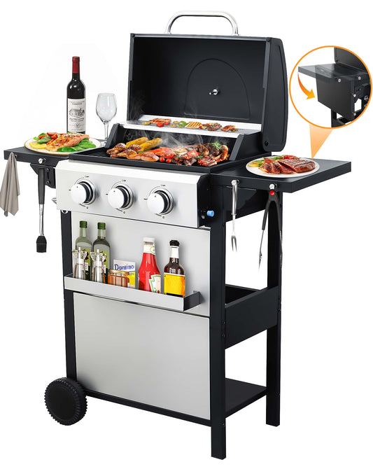 Segmart 3 Burner BBQ Propane Gas Grill, Stainless Steel 25,650 BTU Patio Garden Barbecue Grill with Folding Side Tables, Hanging Basket & Thermometer, Perfect for Camping, Outdoor Cooking