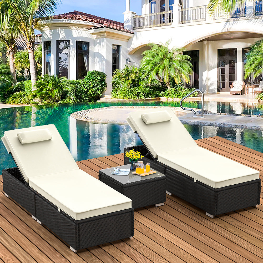 3 Piece Patio Chaise Lounge Chair Set, Rattan Chaise Lounges with Table, Sun Chaise Lounge Furniture Set with Removable Cushion, Tanning Lounge Chair with 6 Adjustable Positions for Pool Deck