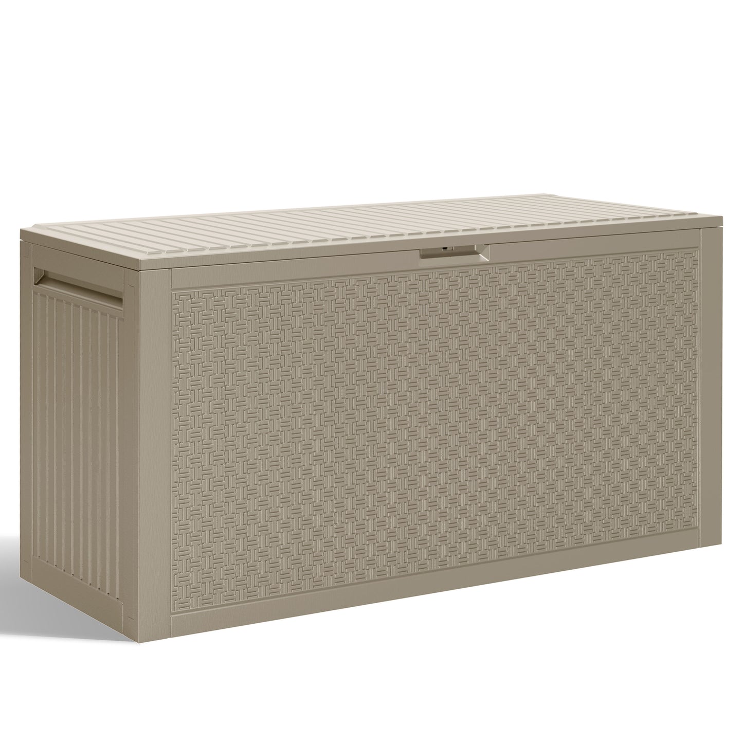 90 Gallon Resin Deck Box, Outdoor Lockable Storage Container for Patio Cushions, Garden Tools, Pool Supplies, Toys, Water Resistant and UV Resistant, Holds up to 485lbs, Light Brown