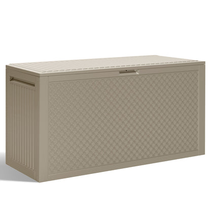 90 Gallon Resin Deck Box, Outdoor Lockable Storage Container for Patio Cushions, Garden Tools, Pool Supplies, Toys, Water Resistant and UV Resistant, Holds up to 485lbs, Light Brown