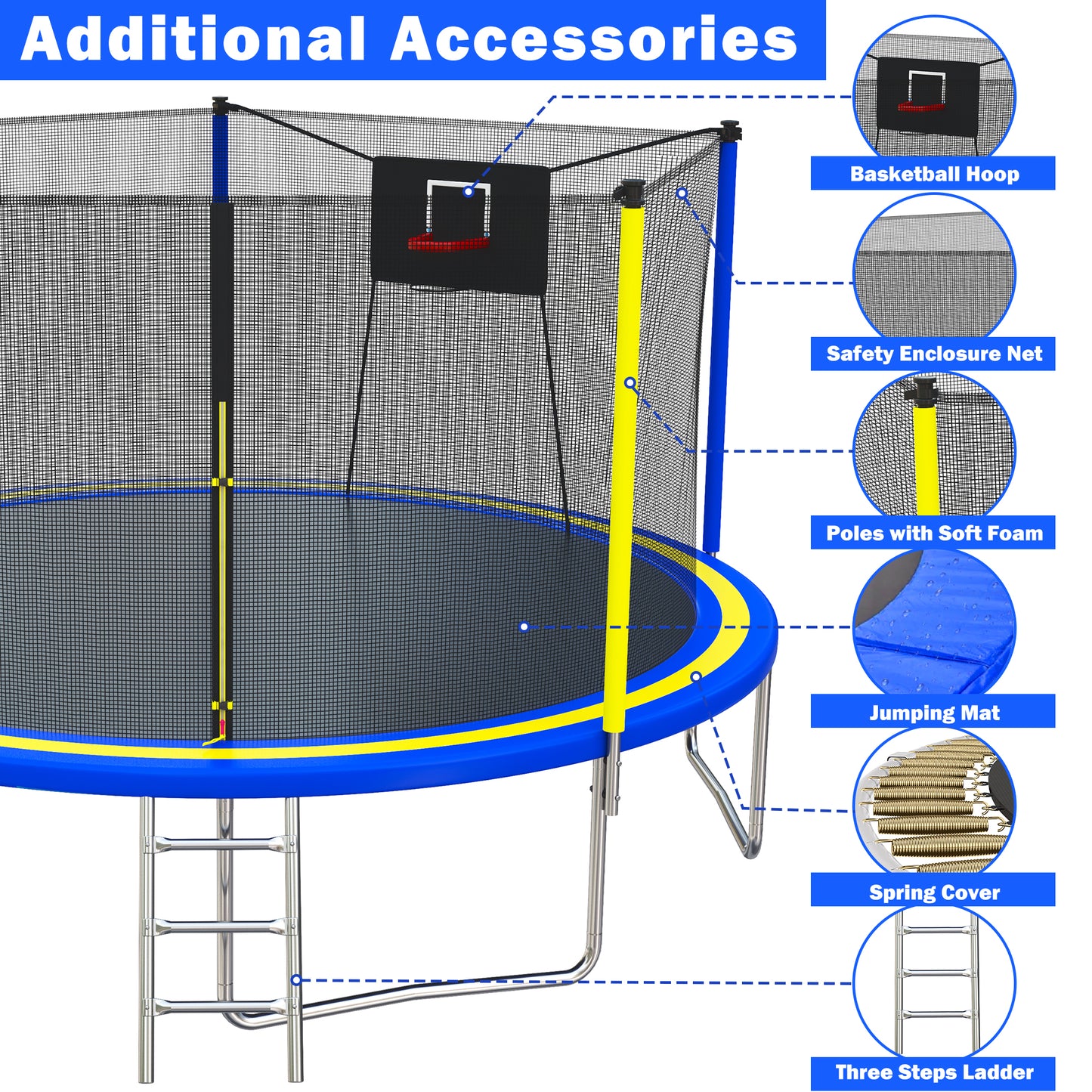 rampoline with Enclosure, Upgraded 14 Feet Kids Outdoor Trampoline with Basketball Hoop and Ladder, Heavy Duty Round Trampoline for Indoor Outdoor Backyard, LLL4568