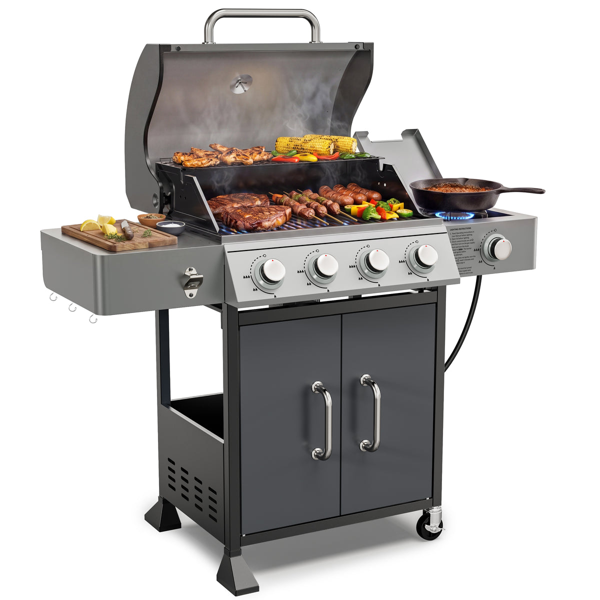 4-Burner Gas Grill with Side Burner, 51,000 BTU Propane BBQ Grill with Porcelain-Enameled Cast Iron Grates, Built-in Thermometer, Ideal for Patio Camping Outdoor Cooking