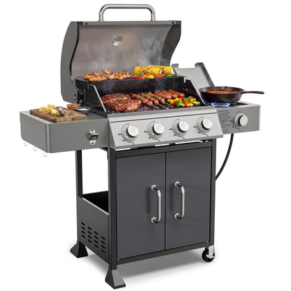 4-Burner Gas Grill with Side Burner, 51,000 BTU Propane BBQ Grill with Porcelain-Enameled Cast Iron Grates, Built-in Thermometer, Ideal for Patio Camping Outdoor Cooking