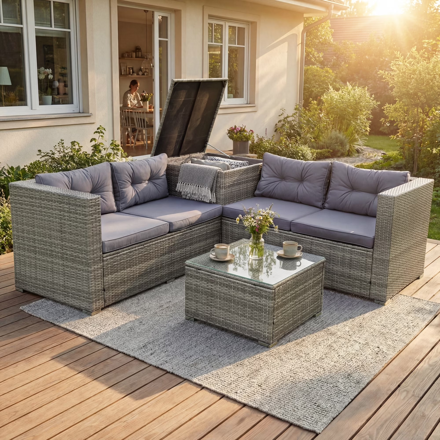 Segmart 4-Piece Rattan Wicker Sofa Set with Cushions, Glass Table & Storage Box