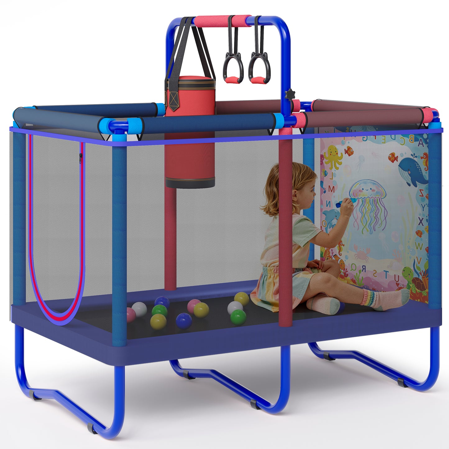 55'' Toddler Trampoline for Kids, SEGMART Kids Trampoline with Enclosure Net, Indoor Outdoor Mini Small Trampoline with Water Drawing Mat, Birthday Gifts for Boys and Girls Age 3+, 220LBS Capacity