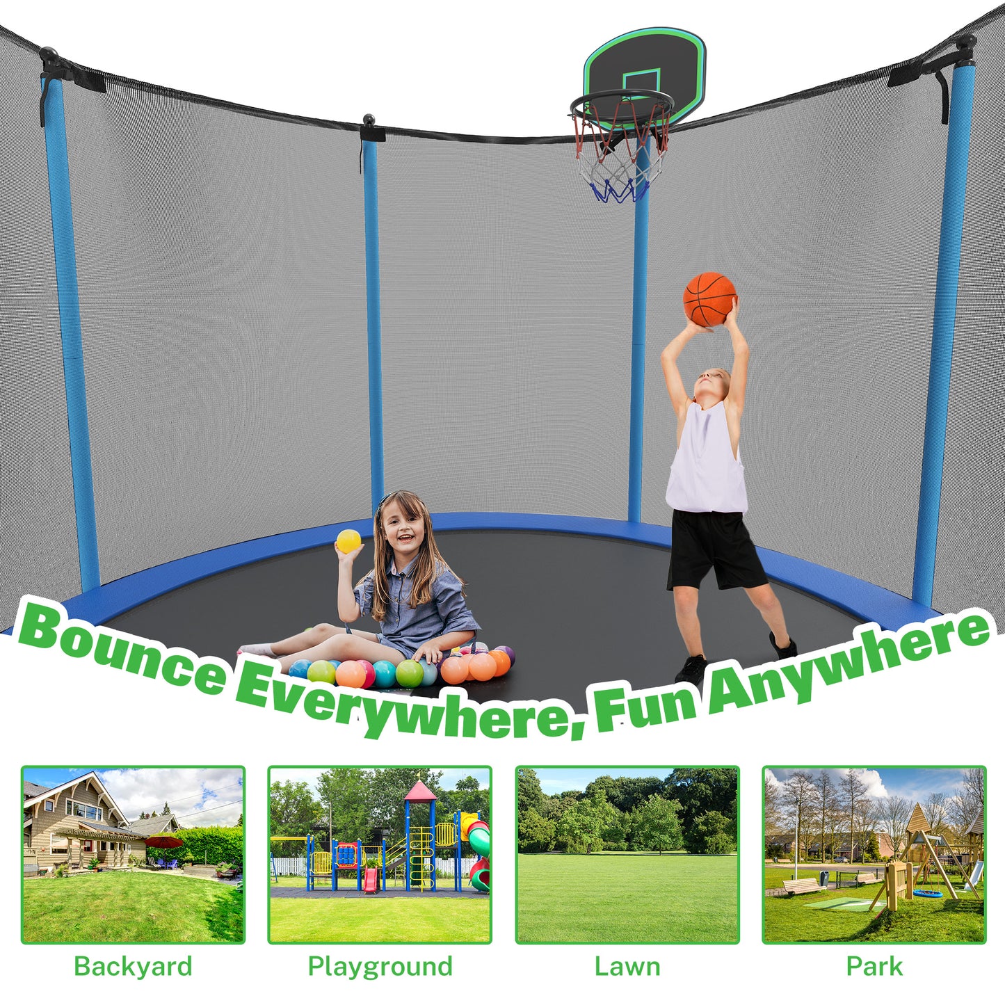 10FT Trampoline with Basketball Hoop for Kids and Adults, SEGMART Round Backyard Trampoline with Enclosure, Heavy Duty Recreational Outdoor Trampoline with Ladder and AntiRust Coating, Blue