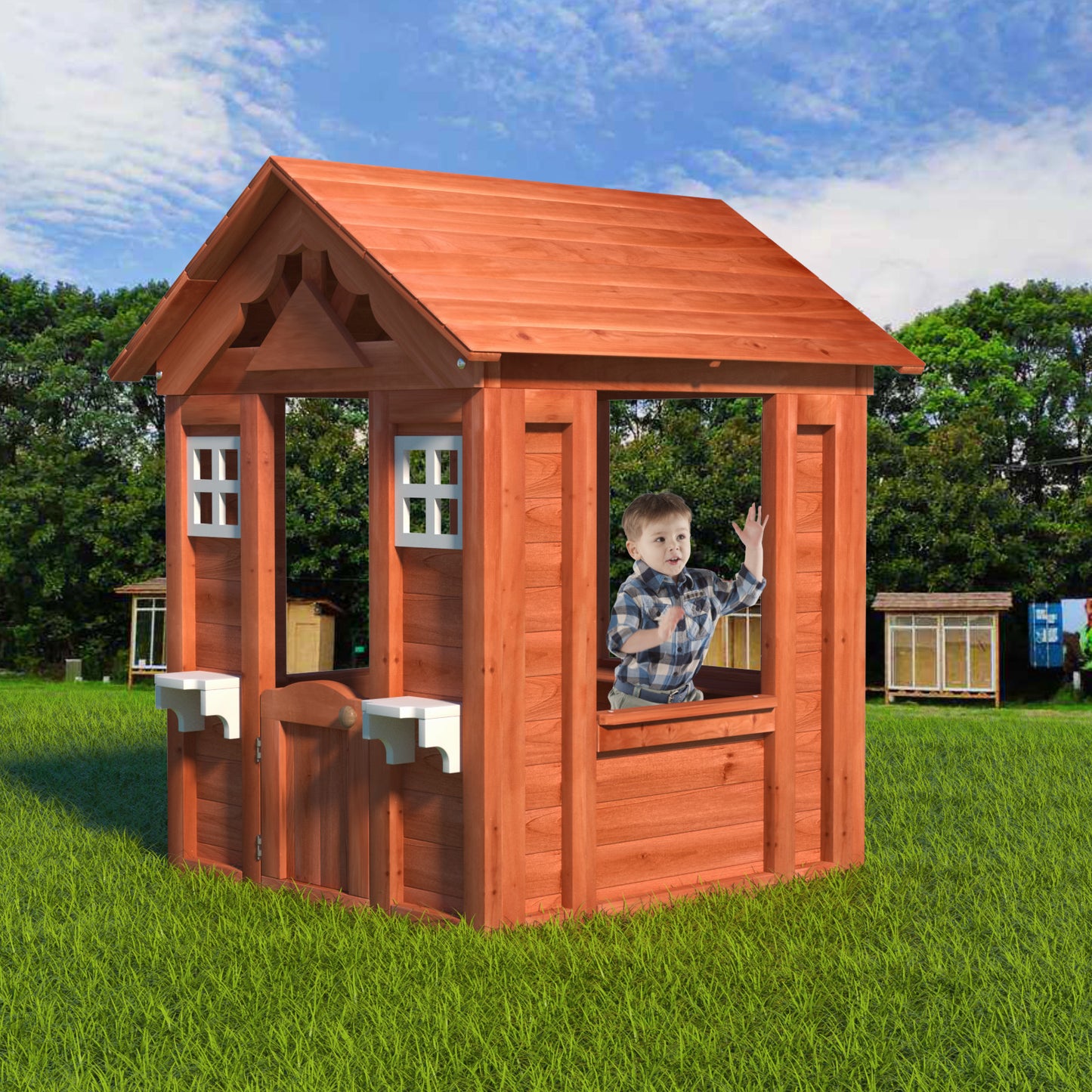 Kids Playhouse with Front Door, Wooden Playhouse for Kids Outdoor With Windows, SEGMART Kids Outdoor Playhouse with Flowerpot Holder, Toddler Playhouse for Kids Ages 3+, Play House for Outdoor Play