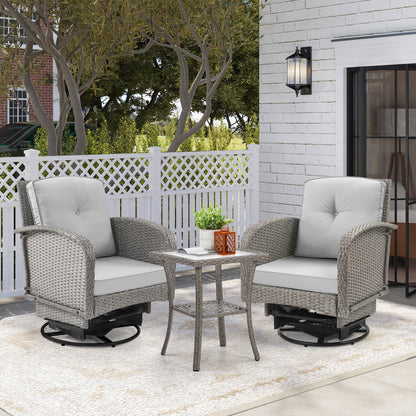 Outdoor Patio Furniture Chairs Set, 3PCS Rattan Wicker Rocking Swivel Chair and Table for 2, Cushioned Porch Bistro Set for Deck Balcony Garden