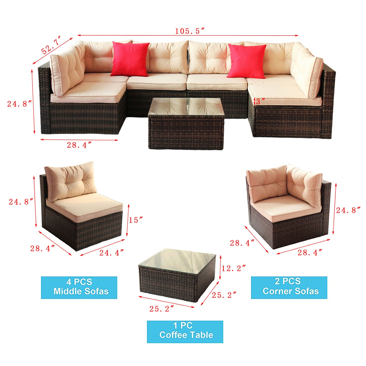 Patio Outdoor Furniture Sets, 7 Pieces All-Weather Rattan Sectional Sofa with Tea Table & Cushions, PE Rattan Wicker Sofa Couch Conversation Set for Garden Backyard Poolside
