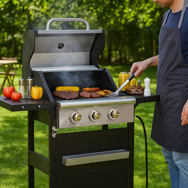 Segmart 3 Burner BBQ Propane Gas Grill, Stainless Steel 25,650 BTU Patio Garden Barbecue Grill with Folding Side Tables, Hanging Basket & Thermometer, Perfect for Camping, Outdoor Cooking
