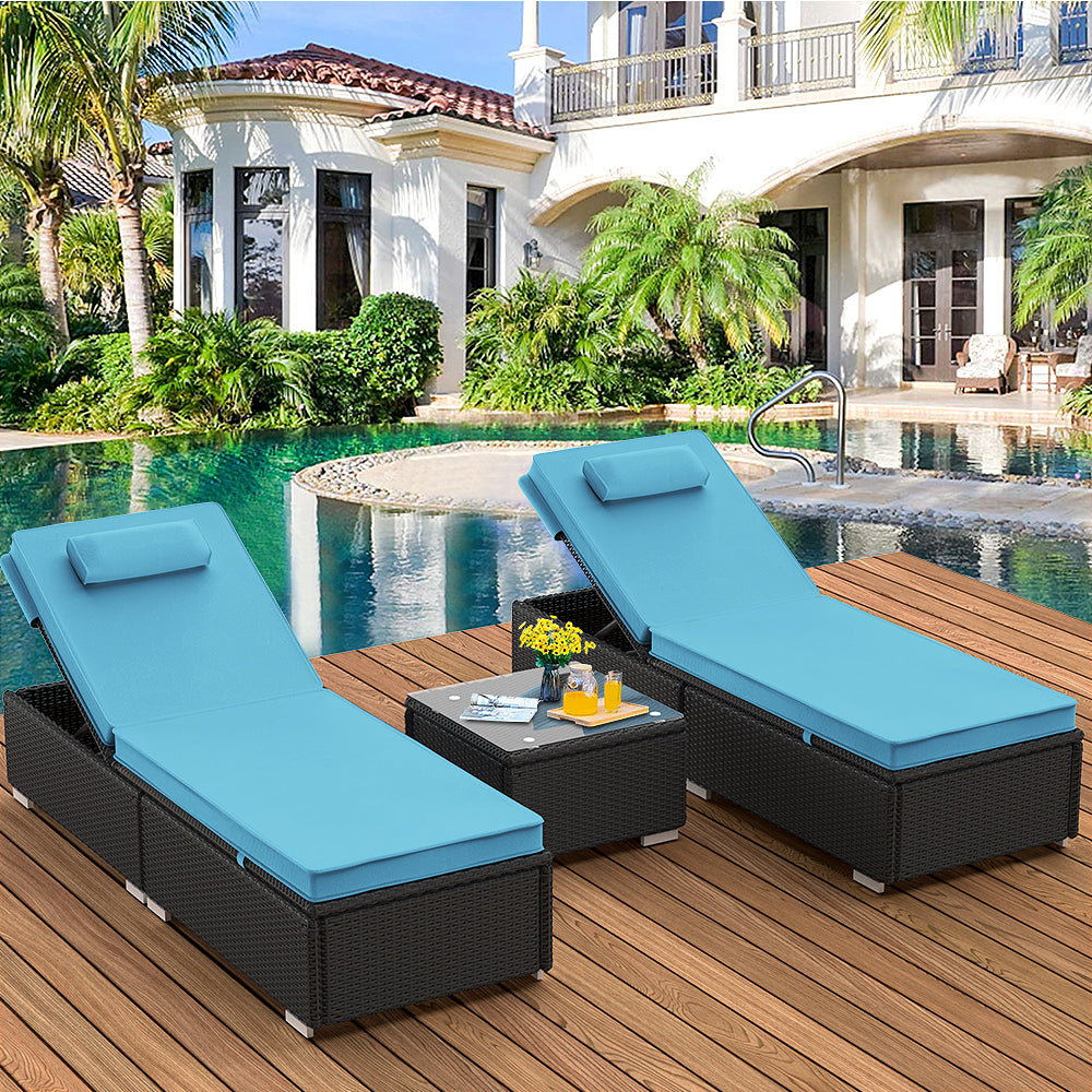 3 Piece Patio Chaise Lounge Chair Set, Rattan Chaise Lounges with Table, Sun Chaise Lounge Furniture Set with Removable Cushion, Tanning Lounge Chair with 6 Adjustable Positions for Pool Deck