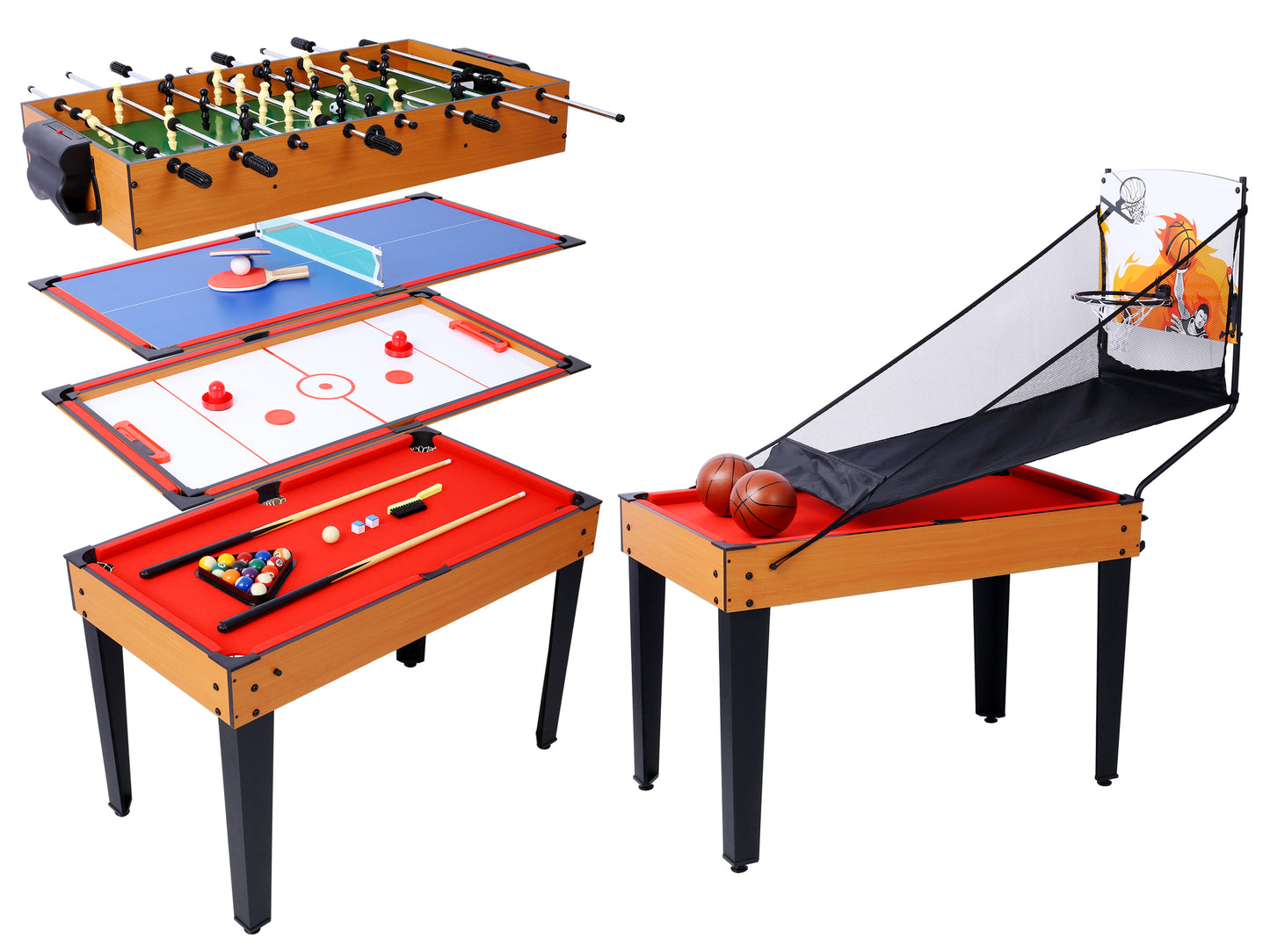 Multi Game Table for Family Game Room, 5-in-1 Combo Game Table Set for Kids and Adults, Combination Game Table Includes Foosball Table, Pool Billiards, Air Hockey, Table Tennis & Basketball Arcade