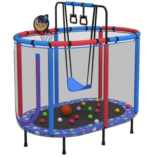 60" Toddler Trampoline with Safety Enclosure Net, SEGMART Upgraded Kids Trampoline with Basketball Hoop, Swing, Rings, Balls, Indoor Outdoor Mini Trampoline Birthday Gift for Kids Ages 3-9