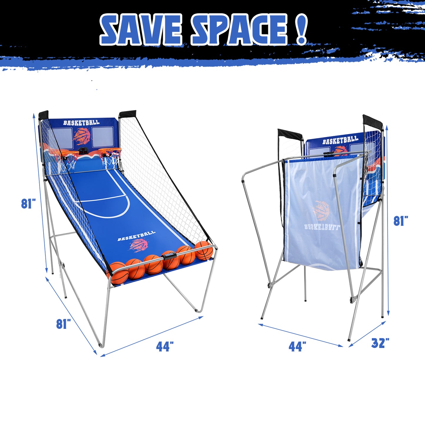 Foldable Basketball Arcade Game for 2 Players, SEGMART Dual Shot Electronic Basketball Hoop Arcade Machine with LED Scoreboard, 6 Balls, 8 Game Modes, Indoor Basketball Game for Kids Adults, Blue