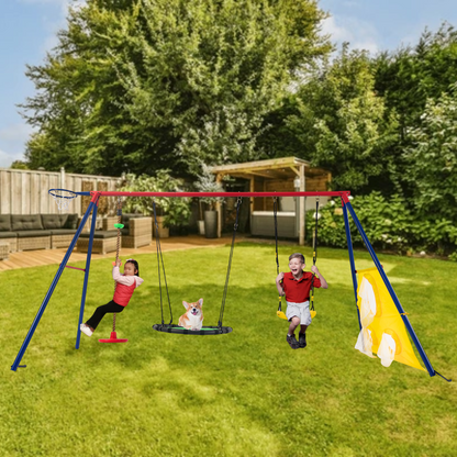 6 in 1 Swing Sets for Outside, Backyard Swing Sets for Kids, Segmart 550 lbs Heavy Duty Swing Set with Basket, Swing Glider, Climbing Ladder, Soccer Goals, Monkey Bars and Swing for kids Age 8-12