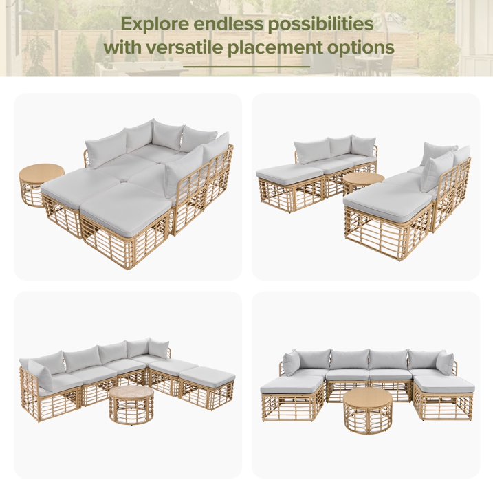 7 Pieces Patio Furniture Set, Wicker Sectional Table and Chairs Sets, Patio Conversation Set with Sectional Chaise Longue, Coffee Table, Suitable for Porch Backyard Garden, Gray