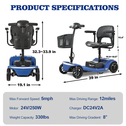 SEGMART 4 Wheel Mobility Scooter for Seniors, Electric Motorized Device with Wide LED Head Light Portable, Outdoor Power Wheelchair with Anti-Tip Tires