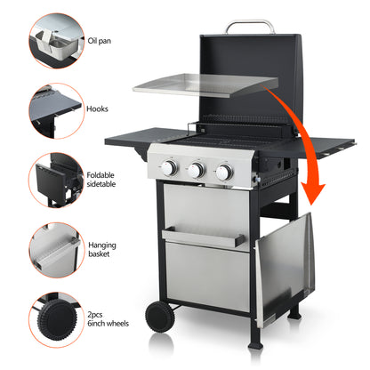 3 Burner Propane Gas Grill and Griddle Combo, Propane BBQ Grill with Foldable Side Table, Hanging Basket, and Tool Hooks for Backyard Camping Cooking, 2 in 1, 36,900BTU Output