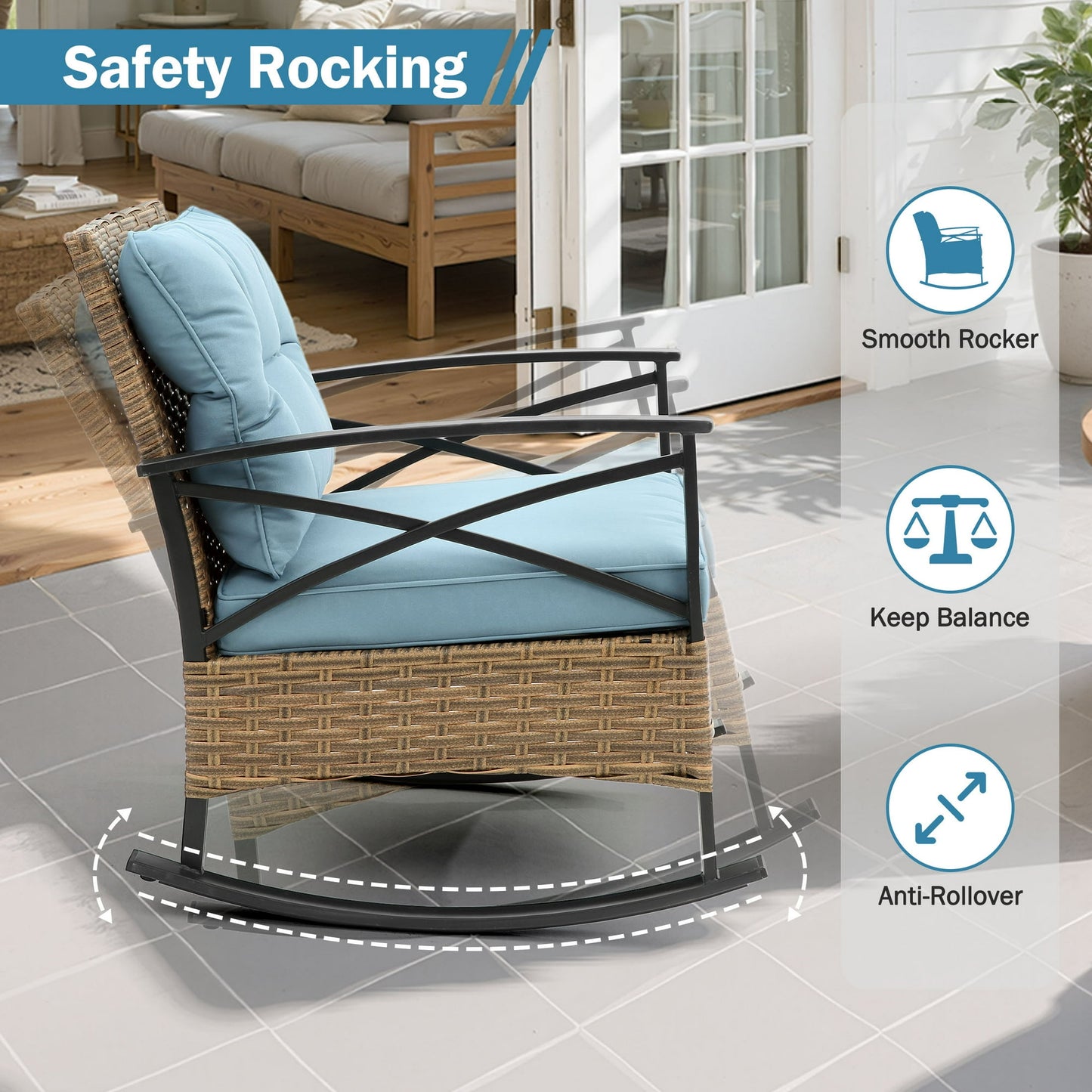 Segmart 3-Piece Patio Rocking Bistro Set, Outdoor Rattan Wicker Chairs with Blue Cushions & Steel Side Table, Front Porch Furniture Set for Balcony, Garden, Poolside