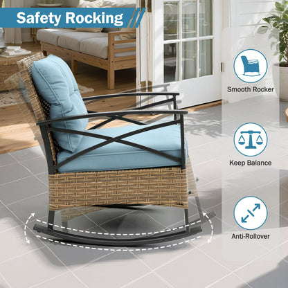 Segmart 3-Piece Patio Rocking Bistro Set, Outdoor Rattan Wicker Chairs with Blue Cushions & Steel Side Table, Front Porch Furniture Set for Balcony, Garden, Poolside