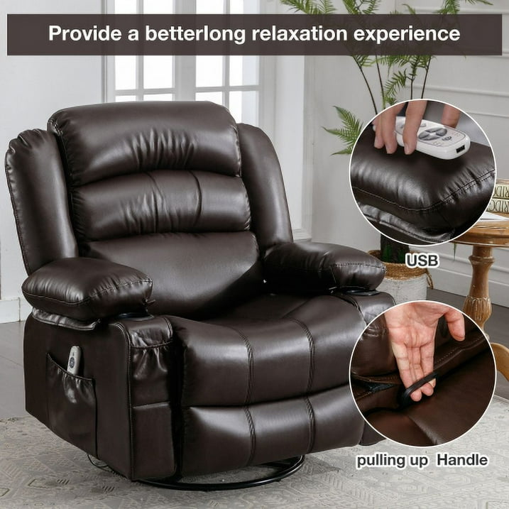 Segmart 360° Swivel Massage Recliner Chairs with Remote Control, PU Leather 8-Point Vibration Massage Recliner Chair with USB Charger, Cup Holders Bread-Type Handrail & Padded Seat Backrest, Brown