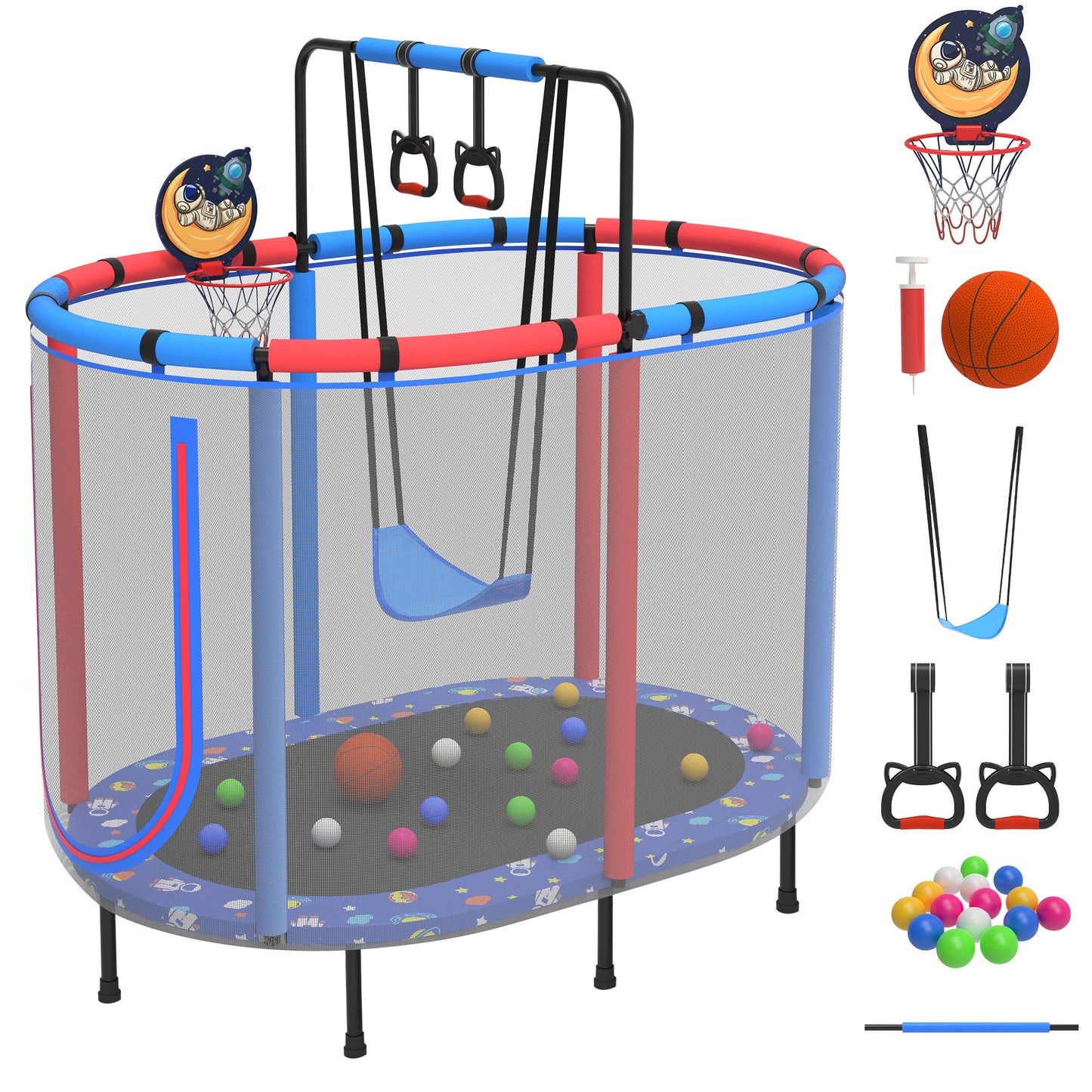 5FT Kids Trampoline with Basketball Hoop, SEGMART Upgraded Indoor Toddler Trampoline with Enclosure for Kids, Outdoor Oval Small Trampoline with Swing, Rings, Gift for Boys Girls