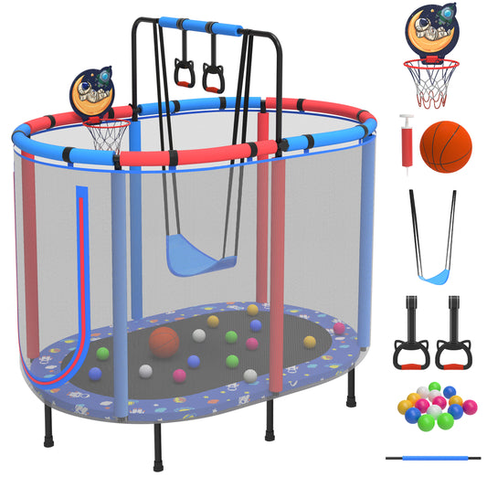 5FT Kids Trampoline with Basketball Hoop, SEGMART Upgraded Indoor Toddler Trampoline with Enclosure for Kids, Outdoor Oval Small Trampoline with Swing, Rings, Gift for Boys Girls
