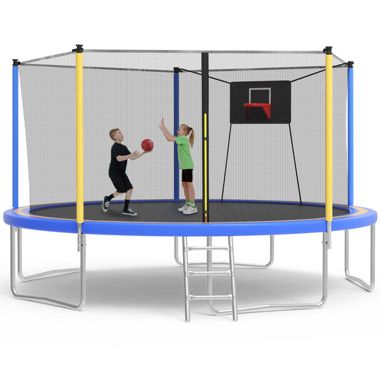 14ft Trampoline with Basketball Hoop, SEGMART Upgraded Round Kids Outdoor Trampoline with Enclosure, Heavy-Duty Backyard Trampoline for Adults and Kids, Blue