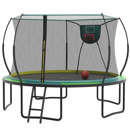 14FT Trampoline with Enclosure for Kids Adults, Outdoor Pumpkin Round Recreational Trampoline with No-gap Design, Heavy Duty Backyard Trampoline with Curved Fiberglass Poles for Indoor Outdoor