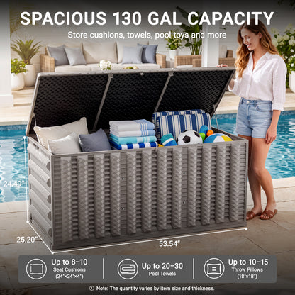 130 Gallon Resin Deck Box, Outdoor Lockable Storage Container for Patio Cushions, Garden Tools, Pool Supplies, Toys, Water Resistant and UV Resistant, Reinforced Rib Design, Built-in Wheels, Gray
