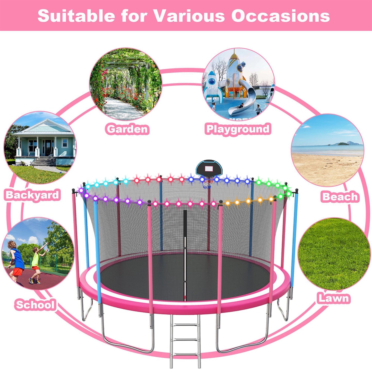16ft Trampoline for Kids with Basketball Hoop and LED Lights, SEGMART Upgraded Kids Outdoor Trampoline with Enclosure Net and Ladder, Heavy Duty Recreational Trampoline for Indoor Outdoor Backyard