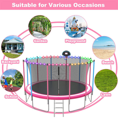 16ft Trampoline for Kids with Basketball Hoop and LED Lights, SEGMART Upgraded Kids Outdoor Trampoline with Enclosure Net and Ladder, Heavy Duty Recreational Trampoline for Indoor Outdoor Backyard