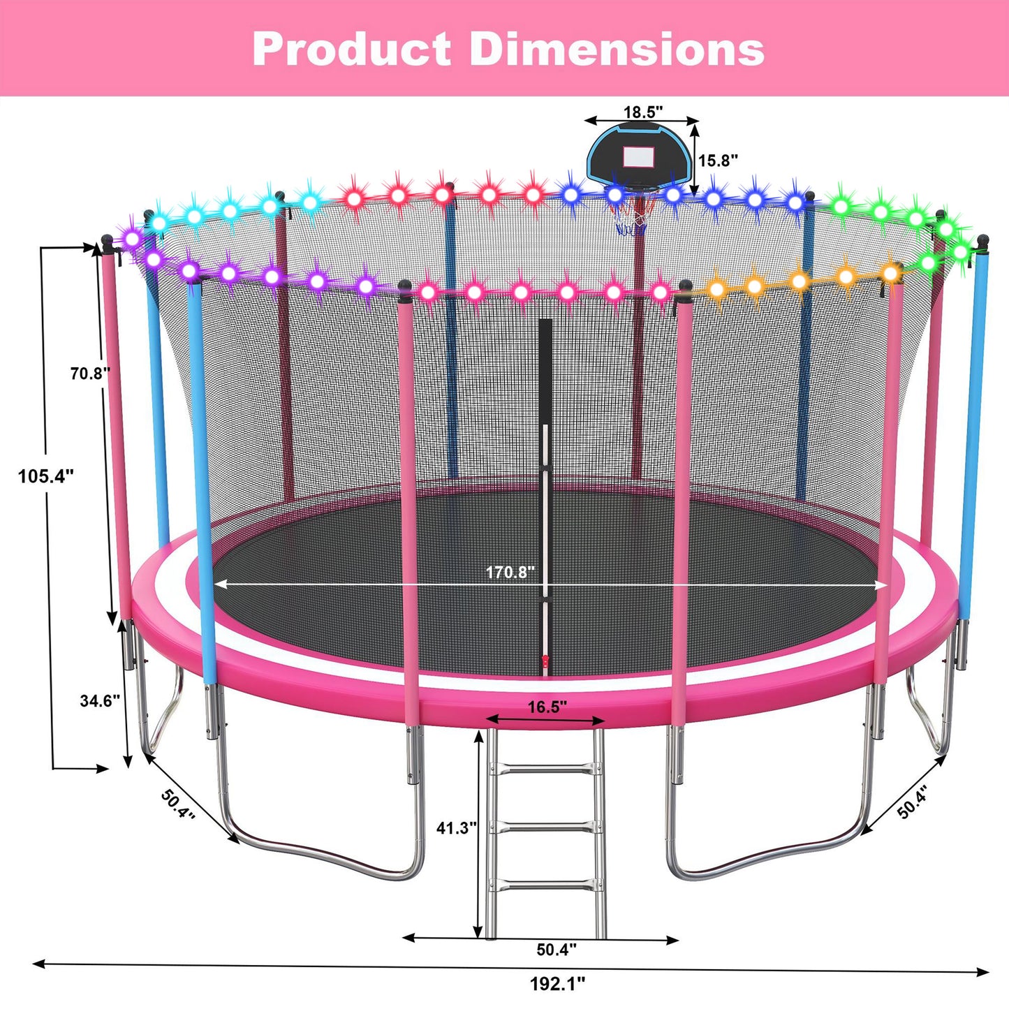 16ft Trampoline for Kids with Basketball Hoop and LED Lights, SEGMART Upgraded Kids Outdoor Trampoline with Enclosure Net and Ladder, Heavy Duty Recreational Trampoline for Indoor Outdoor Backyard