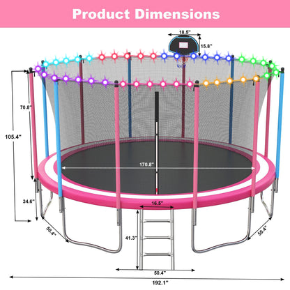 16ft Trampoline for Kids with Basketball Hoop and LED Lights, SEGMART Upgraded Kids Outdoor Trampoline with Enclosure Net and Ladder, Heavy Duty Recreational Trampoline for Indoor Outdoor Backyard