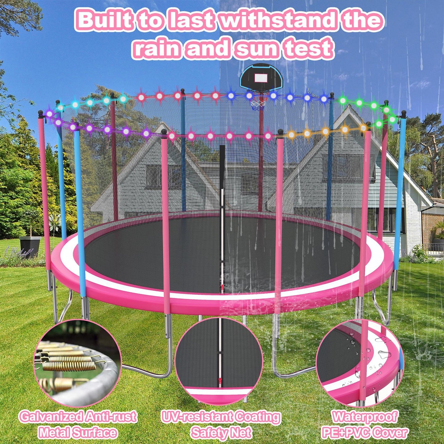 16ft Trampoline for Kids with Basketball Hoop and LED Lights, SEGMART Upgraded Kids Outdoor Trampoline with Enclosure Net and Ladder, Heavy Duty Recreational Trampoline for Indoor Outdoor Backyard
