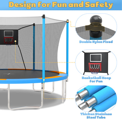 14FT Trampoline for Adults Kids, SEGMART Upgraded Kids Outdoor Trampoline with Basketball Hoop, Safety Enclosure Net, Heavy Duty Recreational Round Trampoline for Indoor Outdoor Backyard, Blue