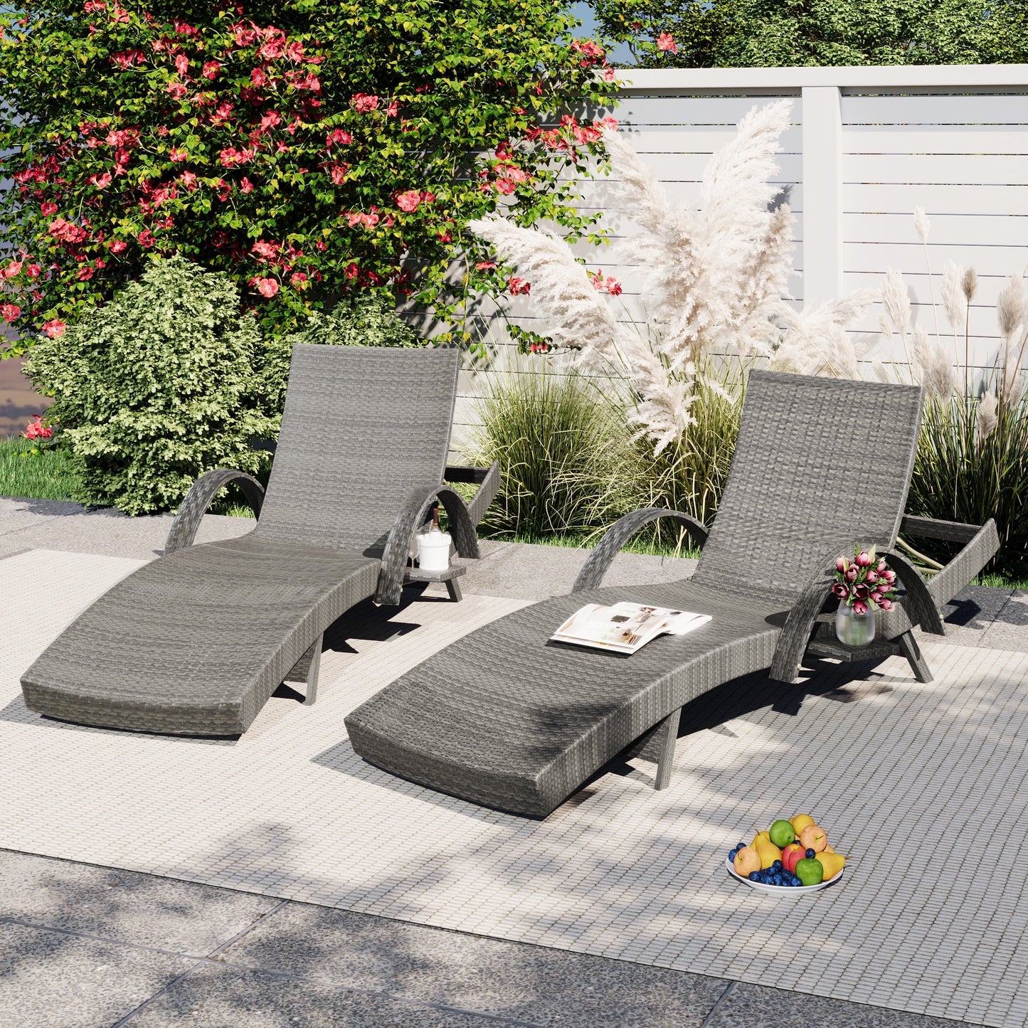 80" Outdoor Wicker Chaise Lounge Chairs Set of 2, Patio Rattan Reclining Chair with Pull-Out Side Table, 4-Position Adjustable Backrest, 470lbs Capacity, Weather-Resistant for Pool, Beach, Backyard