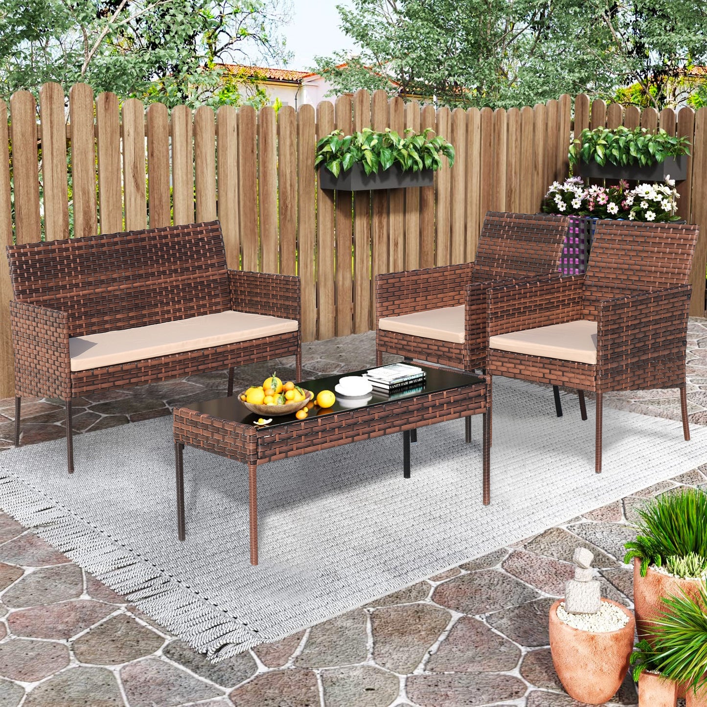 Segmart Rattan Patio Conversation Set, 4 Pieces Outdoor Sectional Sofa Set with Table, Brown Thick Cushioned Patio Furniture Set Loveseat Armchairs, Per Seat Max Weight 300LBS