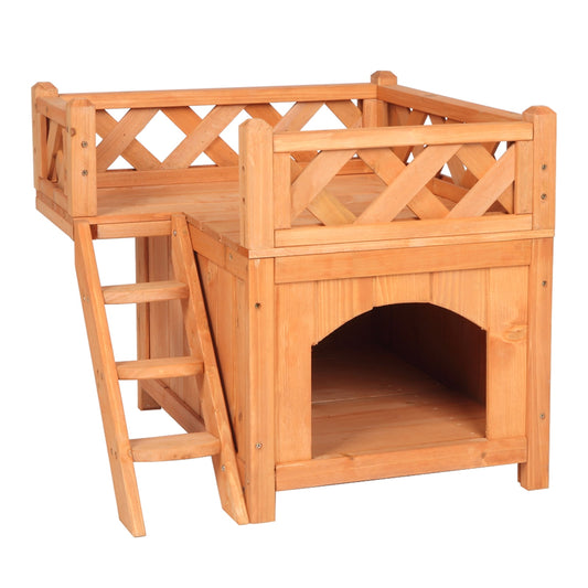 20'' x 20'' x 18" Cat House, Waterproof Wooden Pet Cat House Outdoor Cat Shelter with Stairs, Raised Roof and Balcony Bed for Indoor and Outdoor, for Small Dogs & Cats, Wood Color, S9426