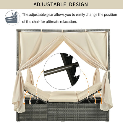 Patio Daybed, Outdoor Wicker Furniture Set with Four-Sided Canopy and Overhead Curtains, Outdoor Sofa Set w/Adjustable Seat for Patio Deck Poolside Garden Backyard