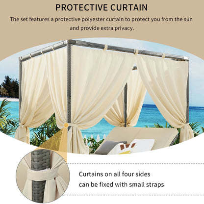 Patio Daybed, Outdoor Wicker Furniture Set with Four-Sided Canopy and Overhead Curtains, Outdoor Sofa Set w/Adjustable Seat for Patio Deck Poolside Garden Backyard