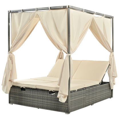 Patio Daybed, Outdoor Wicker Furniture Set with Four-Sided Canopy and Overhead Curtains, Outdoor Sofa Set w/Adjustable Seat for Patio Deck Poolside Garden Backyard