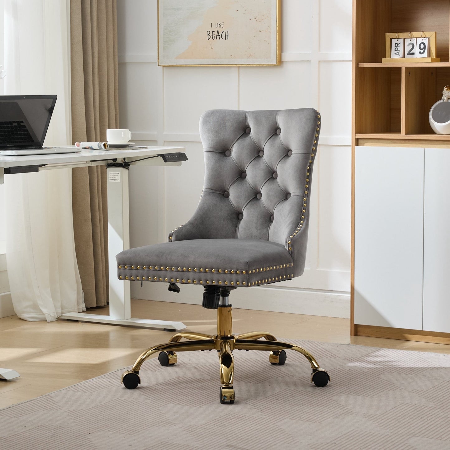 Furniture Modern Velvet Office Chair with Golden Metal Base,Tufted Button Back, Adjustable Swivel Desk Chair for Home Office, Study