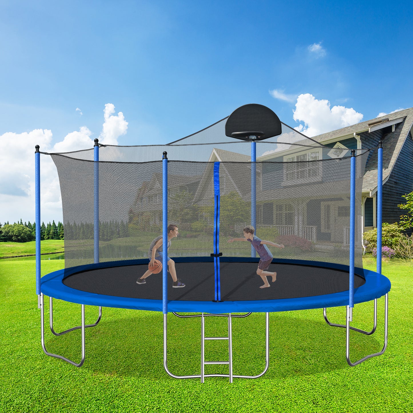 12Ft Trampoline with Basketball Hoop for Kids and Adults, Recreational Trampoline with Safety Enclosure Net, Outdoor Trampolines with Heavy-Duty Steel Frame for Boys & Girls, Backyard, Patio, Garden