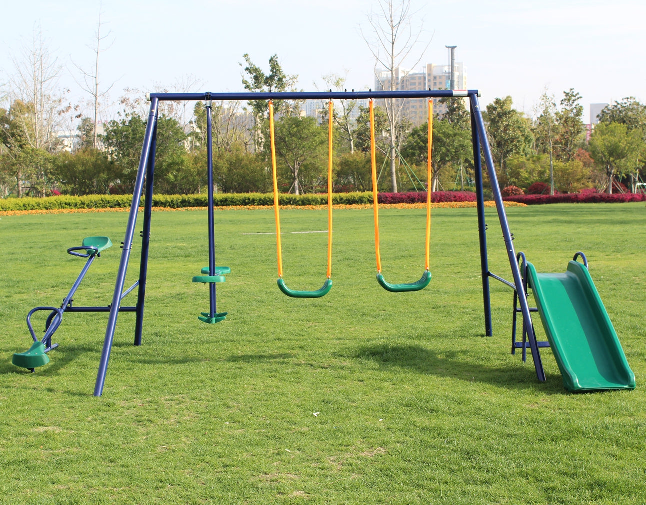 Kids Swing Sets for Backyard, SEGMART Kids Playground Sets for Backyards, Heavy Duty Outdoor Metal Swing Sets for Kids, Swingsets with Trampoline, Belt Swing, Swing, Basket Rim for Backyard