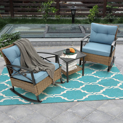 3 Pieces Rocking Patio Bistro Set, Outdoor Patio Furniture with Thick Cushions and 2-Tier Coffee Table, Segmart Oversize Rattan Conversation Set for Garden, Balcony, Backyard, Poolside