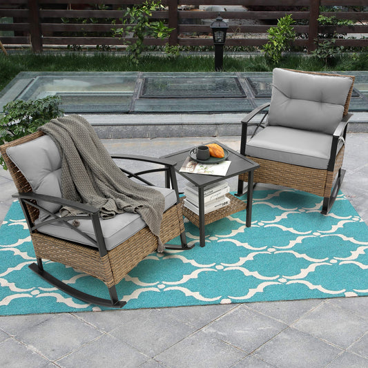 3 Pieces Rocking Patio Bistro Set, Outdoor Patio Furniture with Thick Cushions and 2-Tier Coffee Table, Segmart Oversize Rattan Conversation Set for Garden, Balcony, Backyard, Poolside