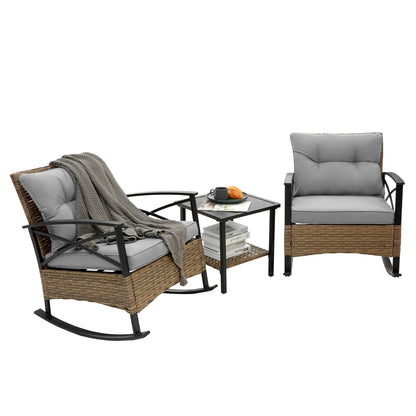 3 Pieces Rocking Patio Bistro Set, Outdoor Patio Furniture with Thick Cushions and 2-Tier Coffee Table, Segmart Oversize Rattan Conversation Set for Garden, Balcony, Backyard, Poolside