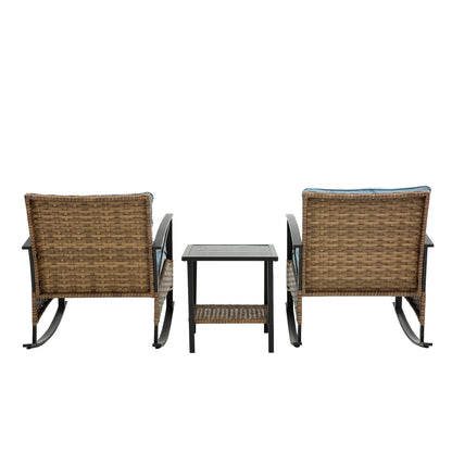 3 Pieces Rocking Patio Bistro Set, Outdoor Patio Furniture with Thick Cushions and 2-Tier Coffee Table, Segmart Oversize Rattan Conversation Set for Garden, Balcony, Backyard, Poolside