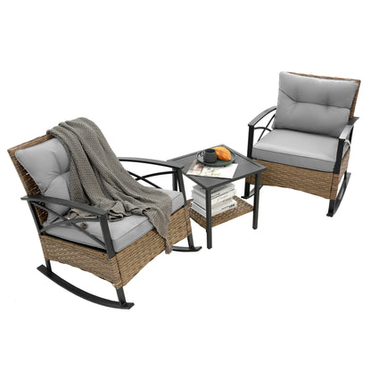 3 Pieces Rocking Patio Bistro Set, Outdoor Patio Furniture with Thick Cushions and 2-Tier Coffee Table, Segmart Oversize Rattan Conversation Set for Garden, Balcony, Backyard, Poolside